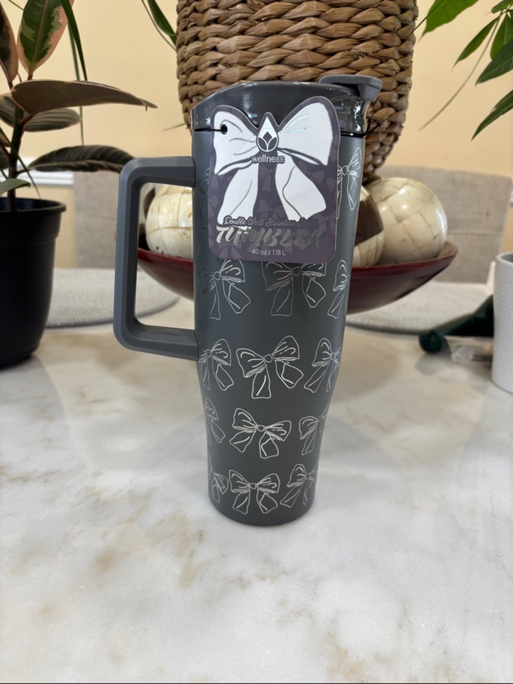 Wellness Gray Bow double wall Travel Tumbler 40 oz